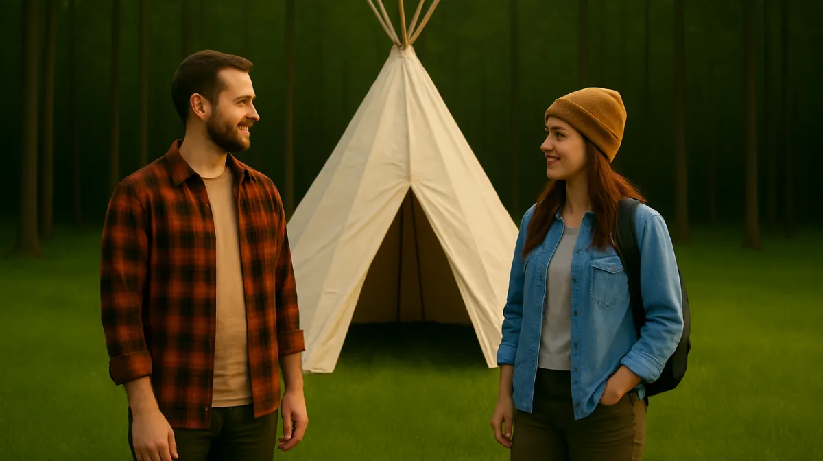 Two people standing in front of Nordic Teepee